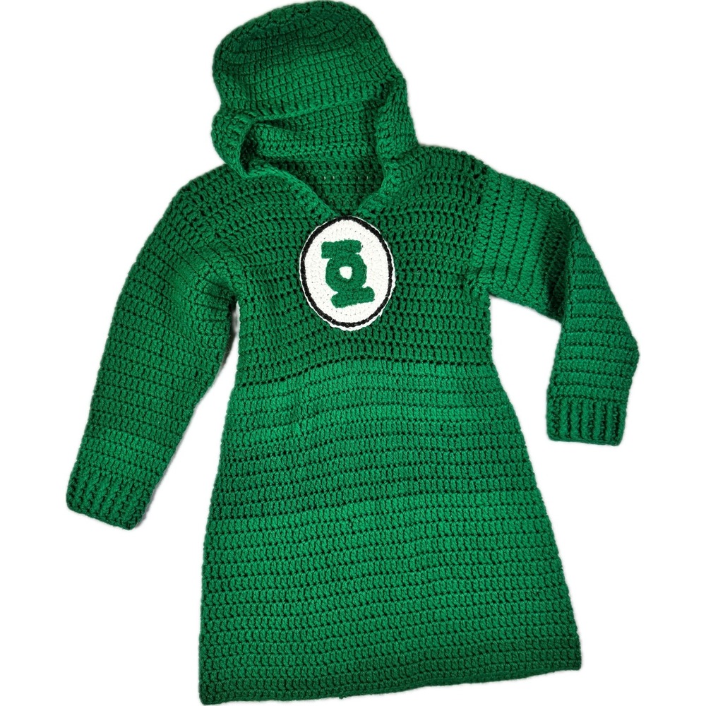 Handmade Green Lantern Crochet Hooded Sweater Dress Kids Size 6 Green Knit